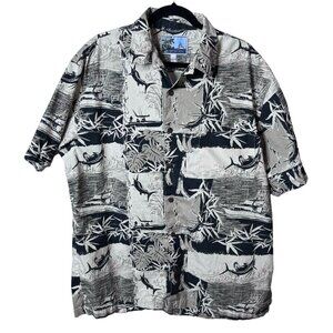 Aftco Bluewater Fishing Shirt Mens XL Black‎ Tan Hawaiian Graphic Boat  READ